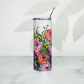 Product mockup of a 20oz stainless steel water tall tumbler, with painted flowers on it.