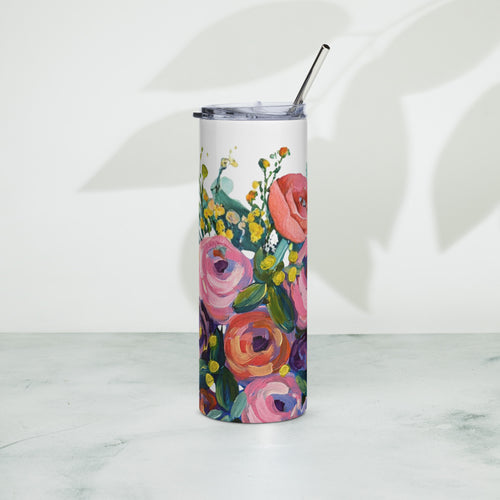 Product mockup of a 20oz stainless steel water tall tumbler, with painted flowers on it.