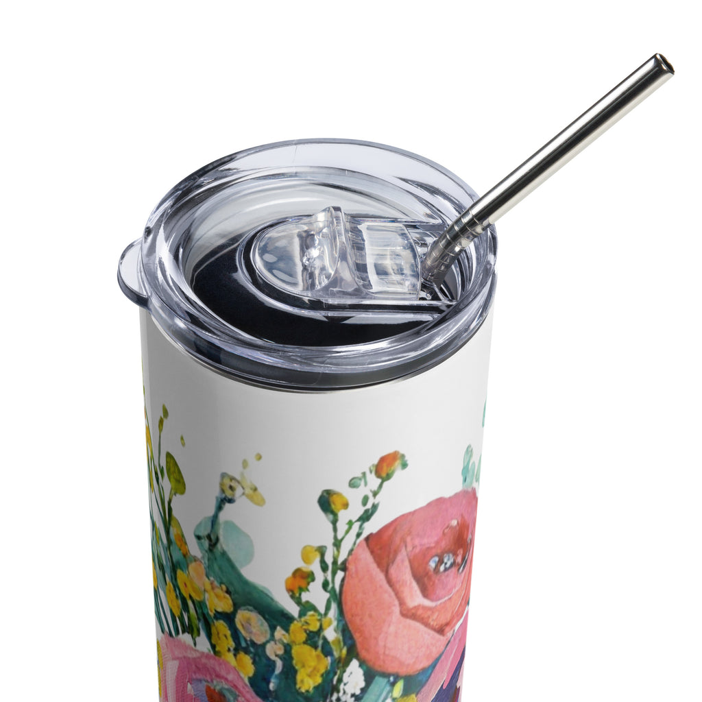 Product mockup of a 20oz stainless steel water tall tumbler, with painted flowers on it.