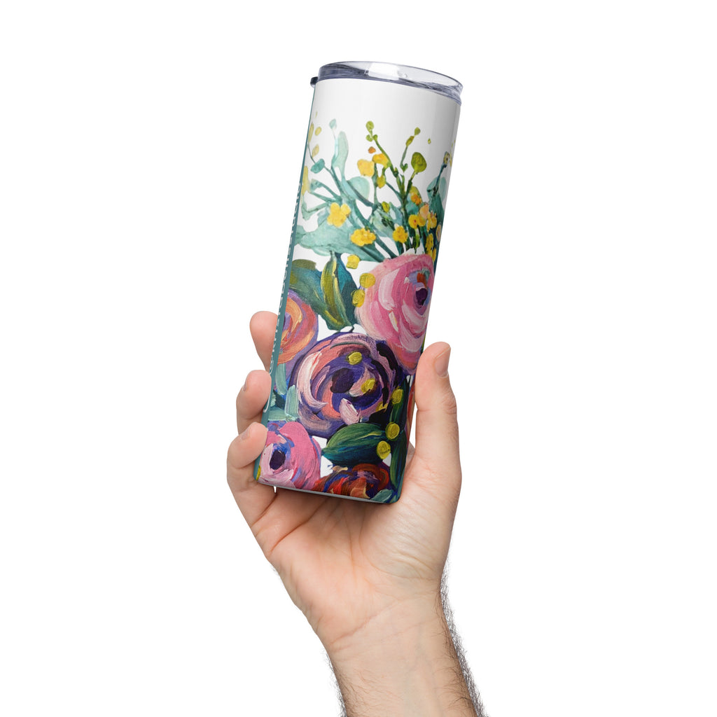 Product mockup of a 20oz stainless steel water tall tumbler, with painted flowers on it.