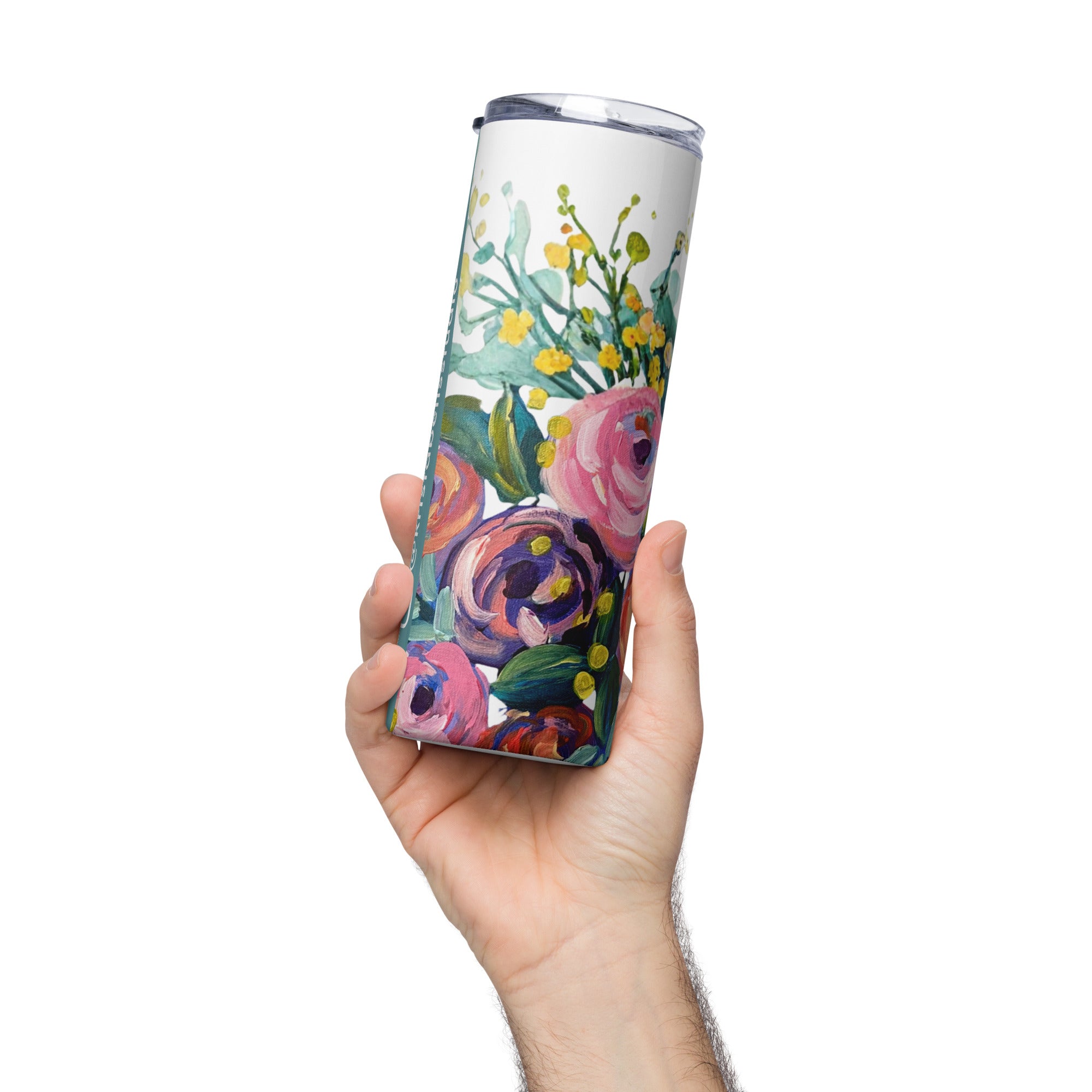 Product mockup of a 20oz stainless steel water tall tumbler, with painted flowers on it.