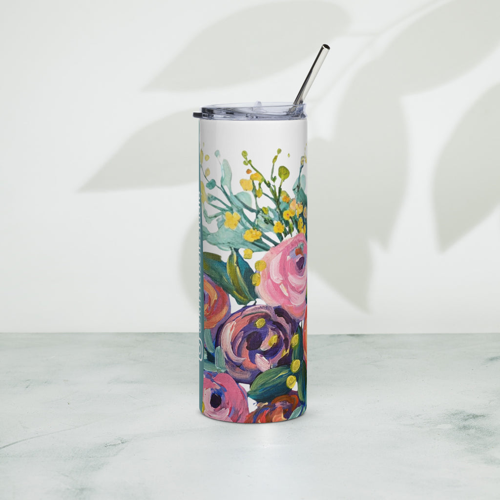 Product mockup of a 20oz stainless steel water tall tumbler, with painted flowers on it.